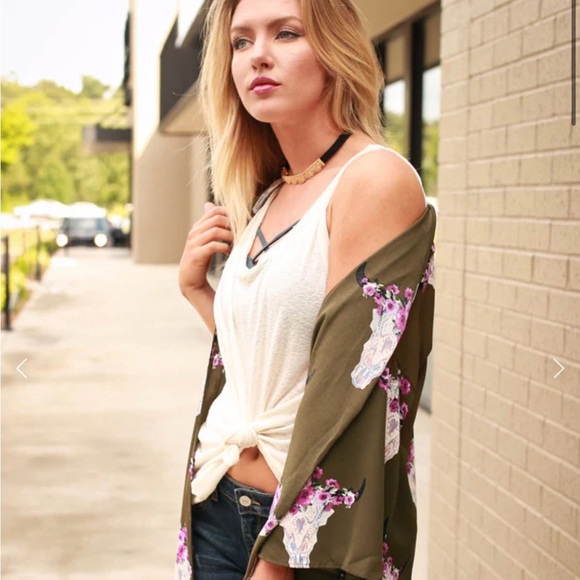 Peach Love green Texas longhorn floral print kimono size small - Picture 4 of 11